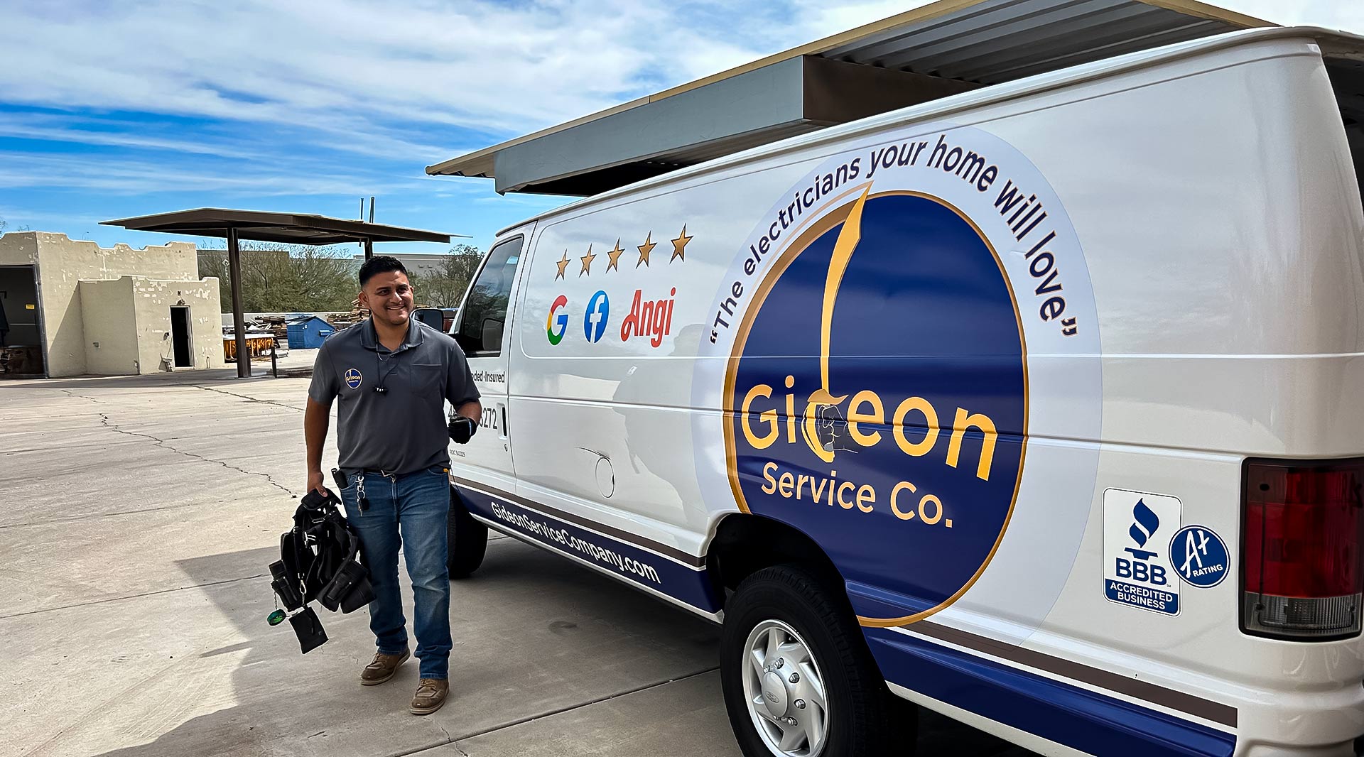 Gideon Electric technician arriving on-site in a branded service van, Phoenix, AZ